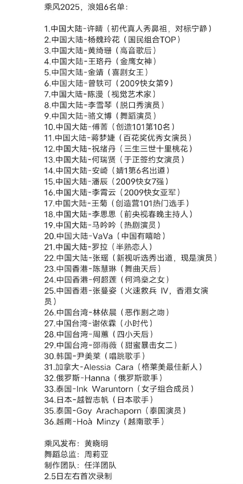 网传《浪姐6》名单流出